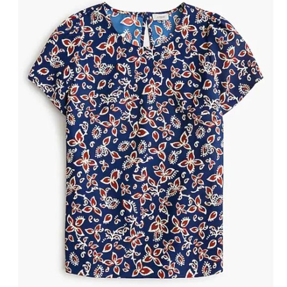 J Crew Women's Short Sleeve Crepe Top Classic Blue Floral Print Blouse Plus Size - Picture 1 of 8